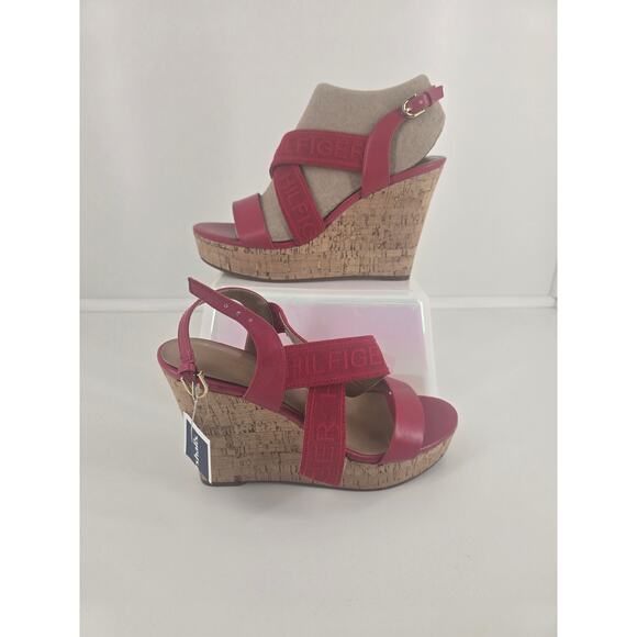 Tommy Hilfiger Red Wedge Sandals Size 8M Cork Platform Slingback - Picture 2 of 8